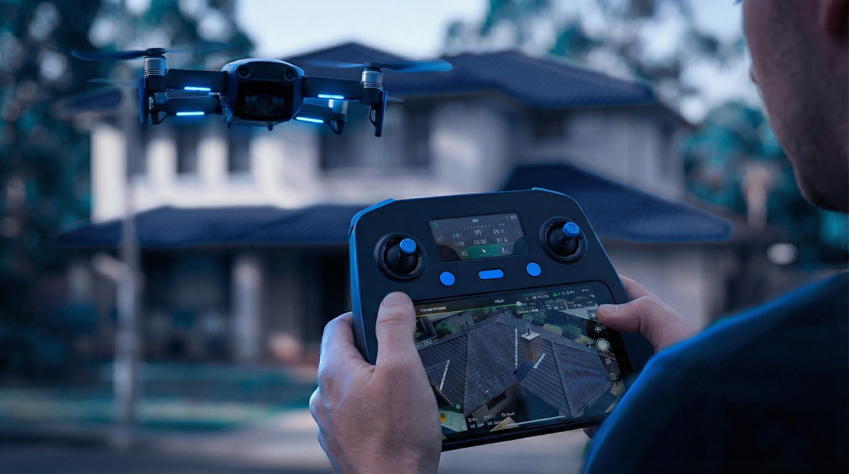 Agent flying a drone next to a house